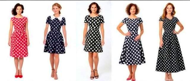 A collage showing the evolution of polka dots in fashion from the 1940s to the present day, with examples of dresses and styles from each decade.