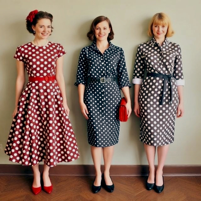 Three complete vintage outfits with polka dots – an elegant pin-up dress, a casual blouse with a pencil skirt, and polka dot accessories.