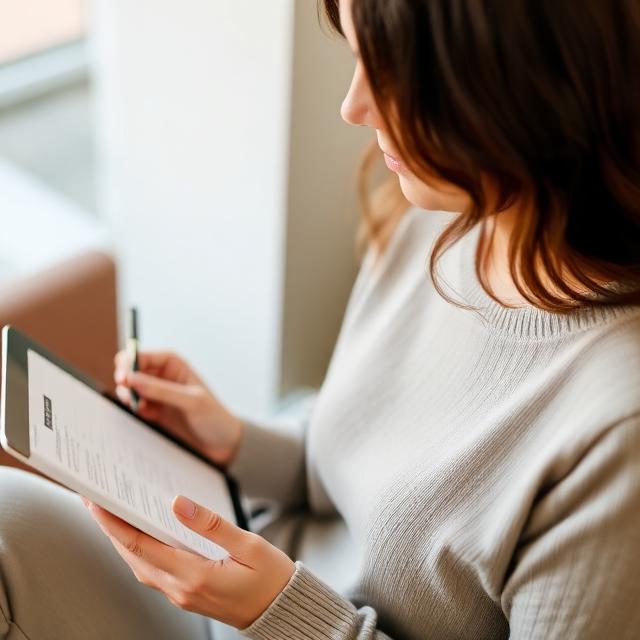Kobieta z notatnikiem i długopisem sprawdzająca listę kontrolną przed finalizacją zakupów online na tablecie