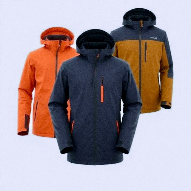 Zbliżenie na różne materiały kurtek przejściowych - bawełna, poliester, nylon i softshell w porównaniu