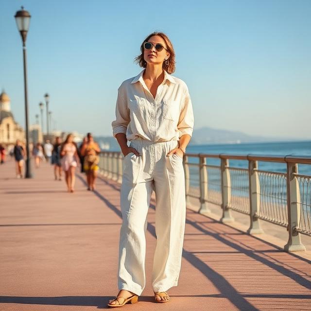 Woman an ecru linen two piece set wide leg trousers a